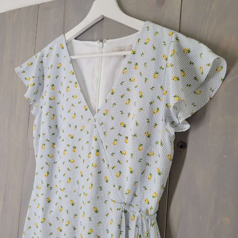 LOFT Wrap Dress Womens 0 Blue Gingham Yellow Floral Flutter Sleeve Ruffle NEW - Picture 3 of 10